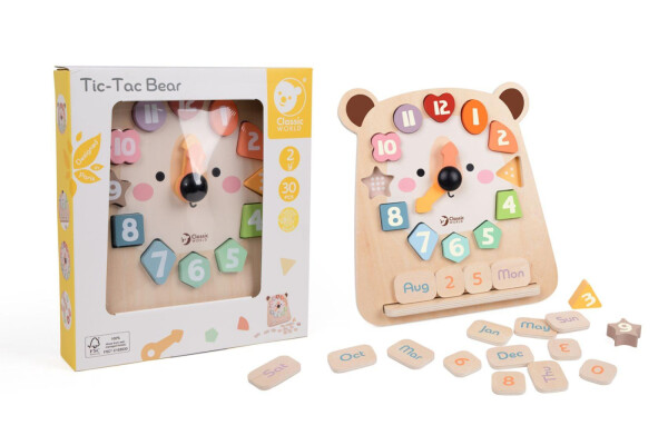 Hodiny medvěd výukové vkládačka dřevěné v krabici 26x29x5cm 24m+