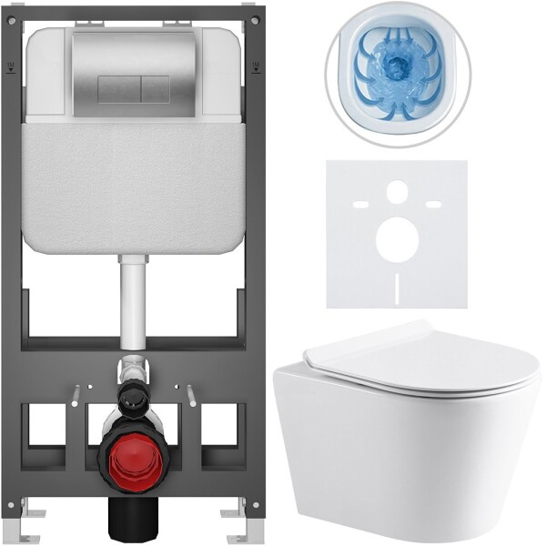 CERANO Kompletní WC set Basic/Carlito - bílá lesklá - WC tlačítko Modulo/Stříbrná - volně stojící - předstěnová instalace - 48,5x36,5 cm