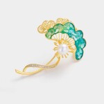 Brož ve tvaru listu ginkgo s perlou a zirkony, Zlatá Bílá