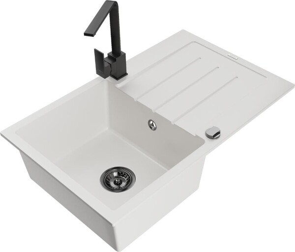 MEXEN - Bruno granitový dřez 1-miska s odkapávačem včetně baterie Rita, bílá 6513-20-670300-70