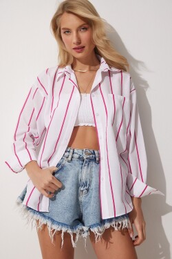 Happiness İstanbul Women's Pink White Striped Oversized Long Cotton Shirt