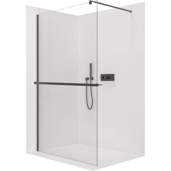 CERANO Sprchová zástěna Walk-in Onyx Round L/P - 8 mm + polička/držák na ručníky - kulatá vzpěra - černá matná, transparentní sklo - 50x200 cm