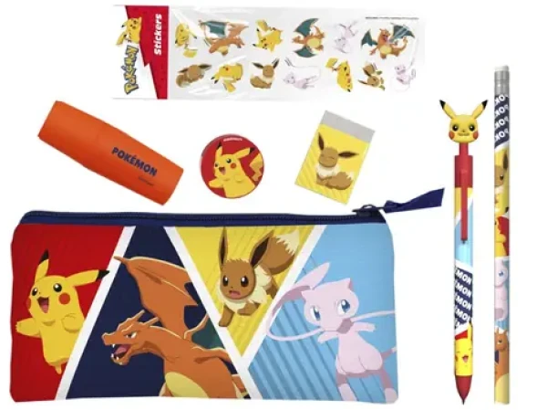 CYP BRAND Školní set Pokémon se samolepkami / 7 kusů / Propiska, tužka, ořezávátko, guma, zvýrazňovač, penál (GS20-31PKEPM)