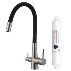 Laveo - Riveco - dřezová baterie stojánková s elastickým ramenem + filtr, kartáčovaná ocel BRIB768D