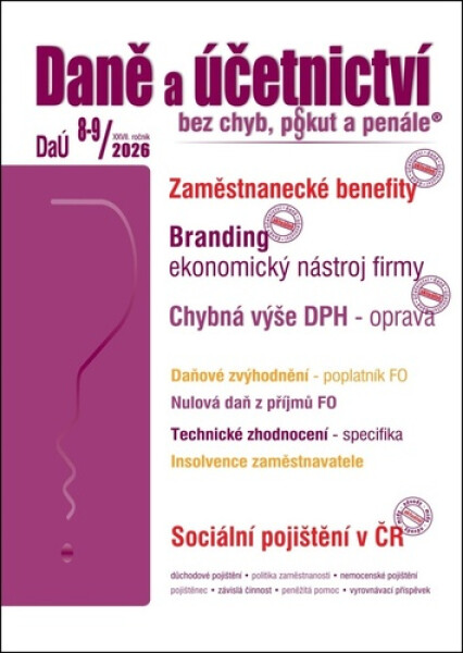 DaÚ 8-9/2026 Zaměstnanecké benefity a DPH, Branding - ekonomický nástroj firmy, Chybná výše DPH - oprava - Martin Děrgel; Ivan Macháček; Antonín Daněk; Václav Benda; Pavel Novák; Eva S...