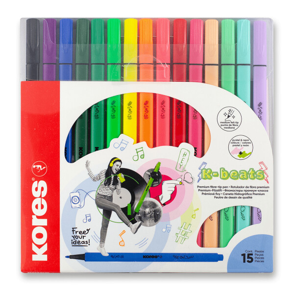 Fixy Kores K-Beats - střední hrot, šíře M - 15 barev (vč. 4 pastelových a 3 neonových)