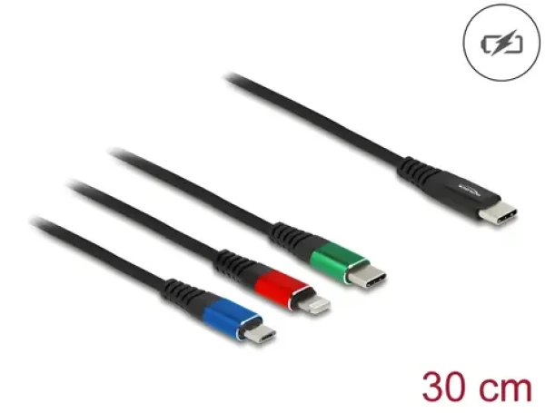 DeLock USB-C černá / Napájecí kabel 3v1 / USB-C na Micro-USB, USB-C, Lightning / 0,3 m / USB 2.0 (86820)