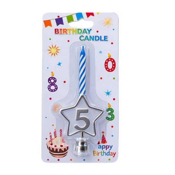 Dortisimo Svíčka modrá s LED stříbrným podstavcem ve tvaru hvězdy číslo 5