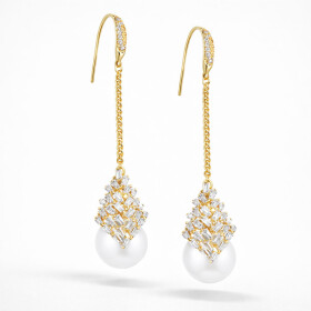 Luxusní visací náušnice s perlou Béatrice Gold, Zlatá Bílá