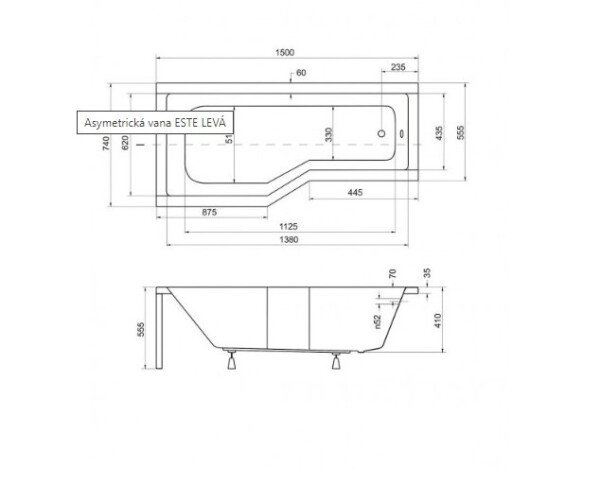 HOPA - Asymetrická vana ESTE - Nožičky k vaně - S nožičkami, Rozměr vany - 150 × 75 cm, Způsob provedení - Pravé VANEST15P+OLVPINOZ