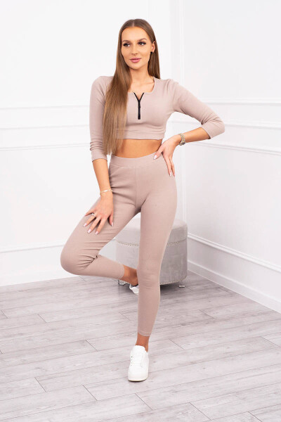 Žebrovaný crop top set tmavě béžový UNI