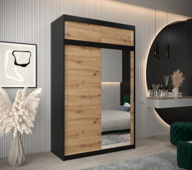Šatní skříň Abi T2 s nástavcem Barva korpusu: Černá, Rozměry: 150 cm, Dveře: Dub artisan