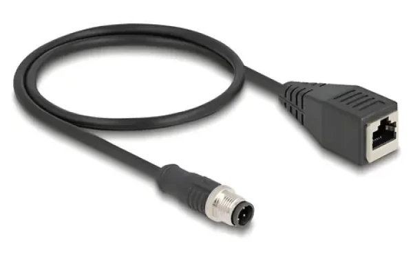 DeLock M12 4pin D-kód (M) - RJ45 (M) / Průmyslový síťový kabel / 0,5 m / -25 až 80 °C (60067)