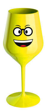 SMAJLÍK S BRÝLEMI - žlutá nerozbitná sklenice na víno 470 ml