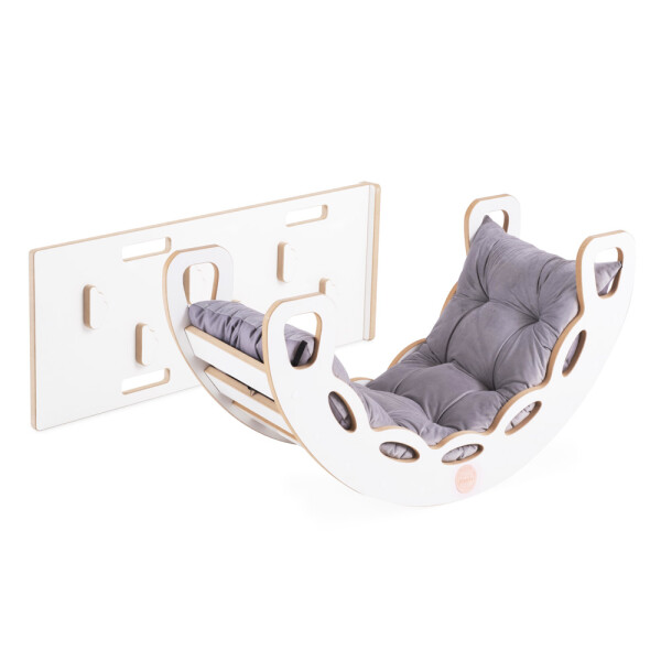 PLUSH NEST PLUSH NEST Dřevěné houpátko Mini 4v1 se stěnou na lezení a skluzavkou + polštář (sametově šedý), bílá dřevěná konstrukce