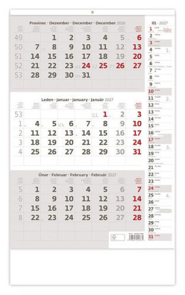 Kalendář nástěnný 2027 - Tříměsíční šedý s poznámkami