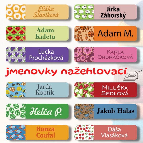 45x MIX jmenovky nažehlovací na oblečení 45x10mm, různé motivy, do školky, do školy, pro děti