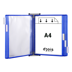 Djois nástěnný kovový držák s rámečky, 10 rámečků s kapsami A4 na výšku, modré, 1 set