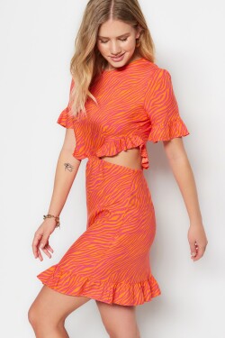 Trendyol oranžové zvířecí vzorované volánková sukně Mini tkané šaty