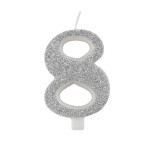 Svíčka číslo 8 stříbrná s glitrem Svíčka číslo 8 stříbrná s glitrem