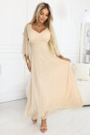 655-4 Dlouhé lehké třpytivé šaty s výstřihem a průhlednými rukávy - šampaňsko-béžová barva UNI
