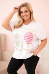 Dámská bavlněná halenka Plus Size s kamínky bílá + růžová UNI