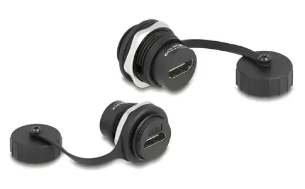 Delock HDMI-A samice-samice IP67 / Adaptér do panelu / s krytkou / prachu a vodě odolný / černá (86963)
