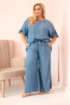 Dámská souprava Plus Size z tencelu, halenka s vázáním a široké kalhoty džínový UNI