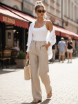 Dámské lněné kalhoty s širokými nohavicemi béžové FashionStreet UY3079 XS