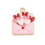 Kovový přívěsek - obálka se srdíčky - růžová - 20 × 17 × 1,5 mm- 1 ks