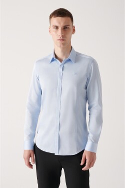Avva Men's Blue 100% Cotton Satin Shirt with Concealed Pop, Slim Fit Slim Fit Shirt