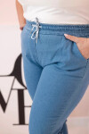 Dámské bavlněné kalhoty Plus Size s elastickým pasem a zavazováním světlý denim 4XL