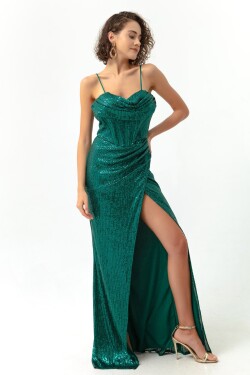Lafaba Women's Emerald Green Underwire Corset Detailed Sequined Long Evening Dress with Slit.