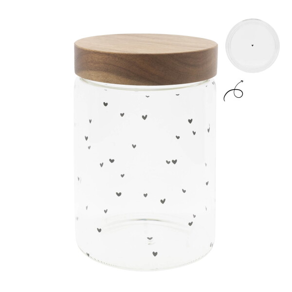 Bastion Collections Dóza s dřevěným víkem Stored with Love 18 cm srdíčka, sklo, dřevo