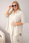 Dámský mušelínový komplet Plus Size s košilí zapínanou na knoflíky a s kalhotami s širokou nohavicí béžový UNI