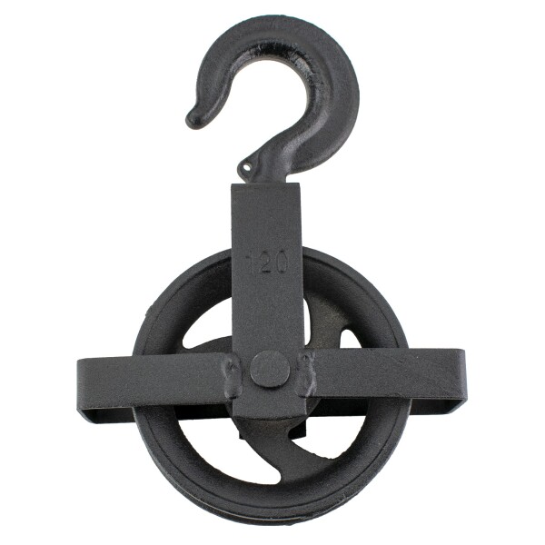Kladka stavební litinová, 120mm, s hákem a vodicí lištou