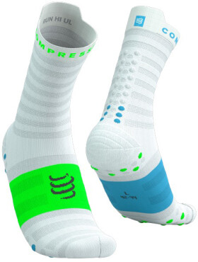 Běžecké ponožky Compressport Pro Racing Socks v4.0 Ultralight Run High - White/Norse Blue/Neon Green Velikost: T1