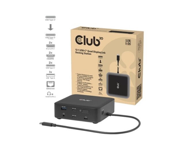 Club3D Dokovací stanice USB-C 12v1, 2xHDMI, 2xDP, 2xUSB-C, 1xUSB-C PD, 3xUSB, 1xRJ45, 1x3.5mm, černá EDF_795329