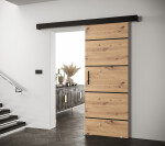 Posuvné dveře Salwador IV Dveře: Bíle mat, Pásky / úchyty: Černá, Horní pojezdová lišta: Dub artisan