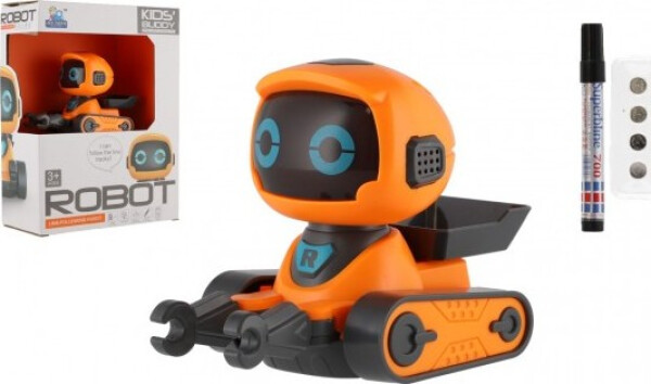 Robot s fixou jezdící po namalované čáře plast 7x12cm na baterie se světlem, zvukem v krabici 18x23