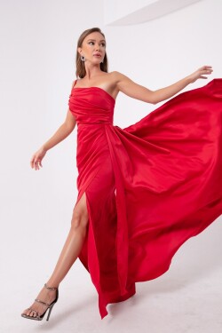 Lafaba Dámské červené saténové večerní šaty na jedno rameno promoční šaty