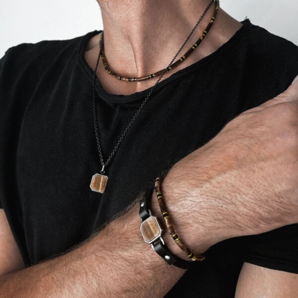 Luxusní pánský náramek Antonio Gold - tygří oko, zlatý hematit, Hnědá 20 cm