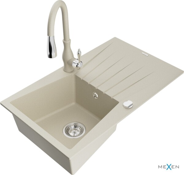 MEXEN/S - Cesar granitový dřez 1 s odkapávačem včetně baterie Savita, béžová 6514-69-672601-69