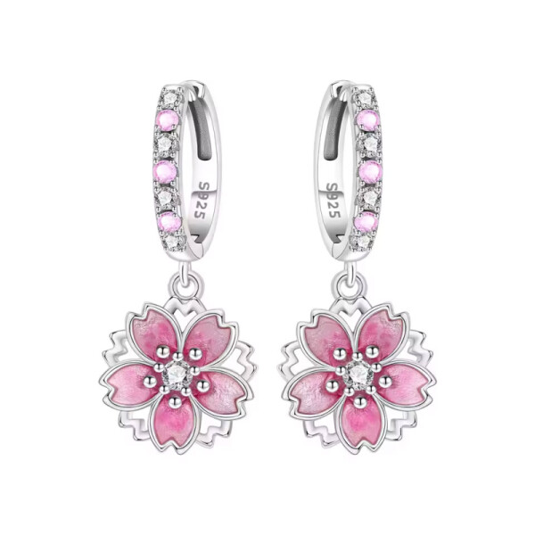 Stříbrné visací náušnice Sakura s růžovými květy - stříbro 925/1000, Růžová