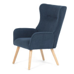 Křeslo, potah modrá manšestrová látka, dřevěné nohy, masiv kaučukovník