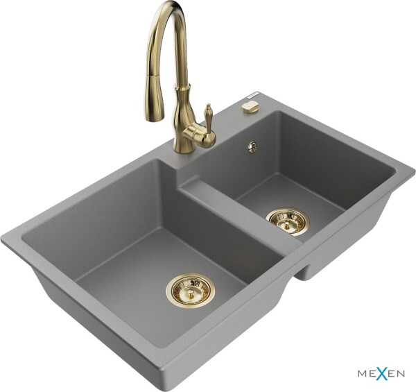 MEXEN/S - Tomas granitový dřez 2-bowl včetně baterie Savita, šedá 6516-71-672601-50