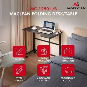 Maclean MC-1250 L/B černá / Skládací stůl / mobilní / 100x65 cm / rohový, L-tvar / nosnost 50 kg (MC-1250 L/B)
