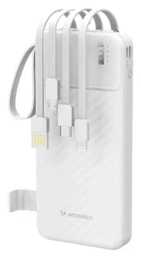 Wozinsky W11-W bílá / Powerbanka / 10000 mAh / 10W / vestavěné kabely / svítilna