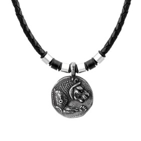 Pánský kožený náhrdelník Thomas - starožitná mince se lvem, Černá 47 cm