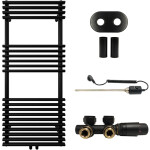 CERANO - Koupelnový radiátorový set Luigi - kombinované výtápění, termo tyč - středové připojení 50 mm - 300W - černá matná - 1200x500 mm CER-663424